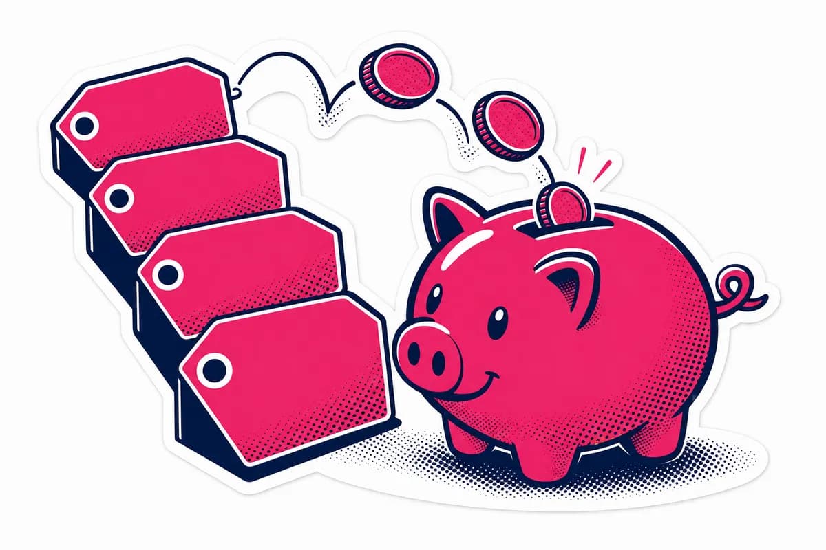 Ilustração: cofrinho recebendo moedas ao lado de etiquetas de preço descendo
